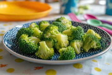 Close-up of Steamed Broccoli Florets on a Polka-Dot Plate