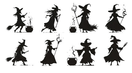Set of witch silhouettes casting spells and flying on broomsticks, isolated on transparent background