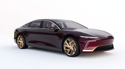 Fototapeta premium Luxurious Electric Sedan Concept Car Design in Deep Burgundy and Gold - Detailed 3D Render Illustration of Elegant EV Vehicle
