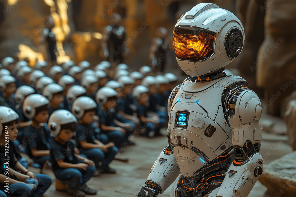 Poster a robot teacher assisting a class of children, representing the role of ai as a teaching assistant. 