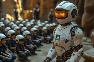 A robot teacher assisting a class of children, representing the role of AI as a teaching assistant. Concept of AI in education.