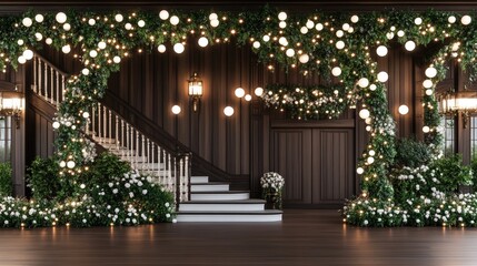 Obraz premium A beautifully decorated staircase with garlands and twinkling white lights invites warmth into the elegant living room, complemented by a chic white sofa at the bottom