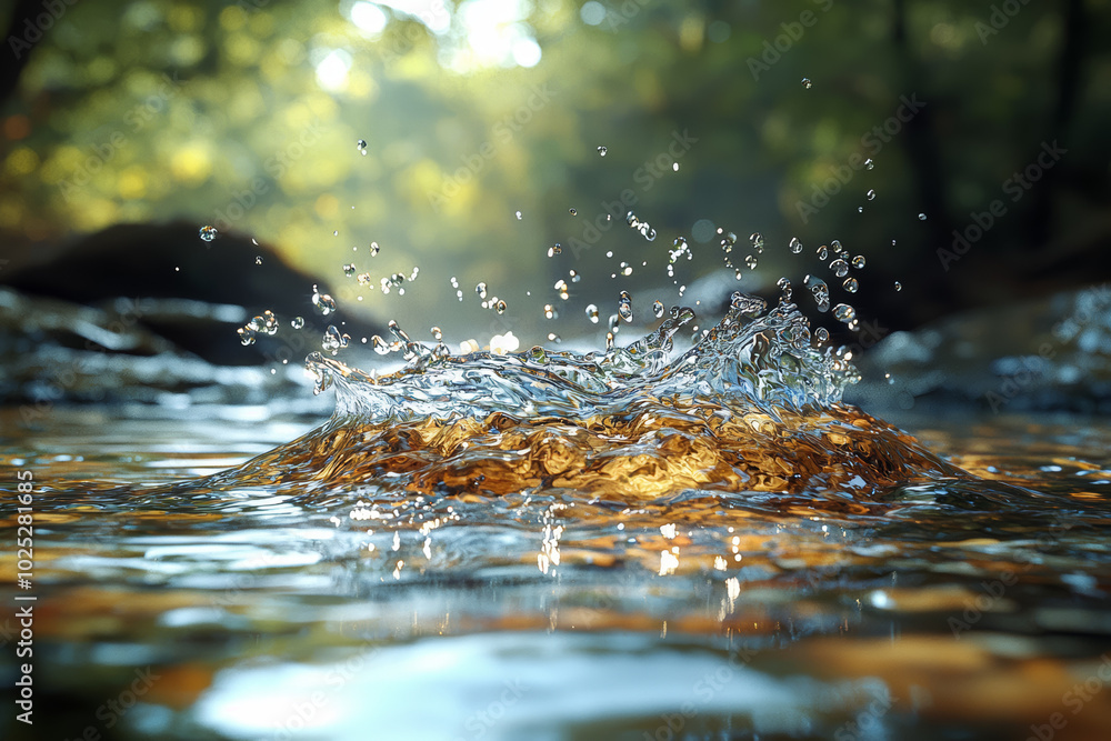Poster a river flowing from a single raindrop, symbolizing the emergence of something great from a small st