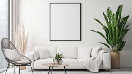 living room wall poster. Interior mockup with house background. Modern interior design. generative ai
