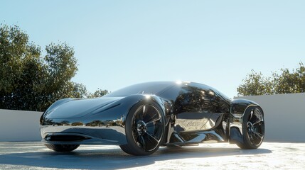 Sculpted Elegance - Futuristic Concept EV Car 3D Render Illustration with Seamless Curves and Polished Finish Under Sunlight