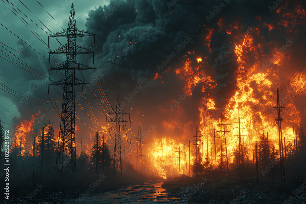 Poster a power grid under attack, illustrating the vulnerability of modern infrastructure to disruptions. c