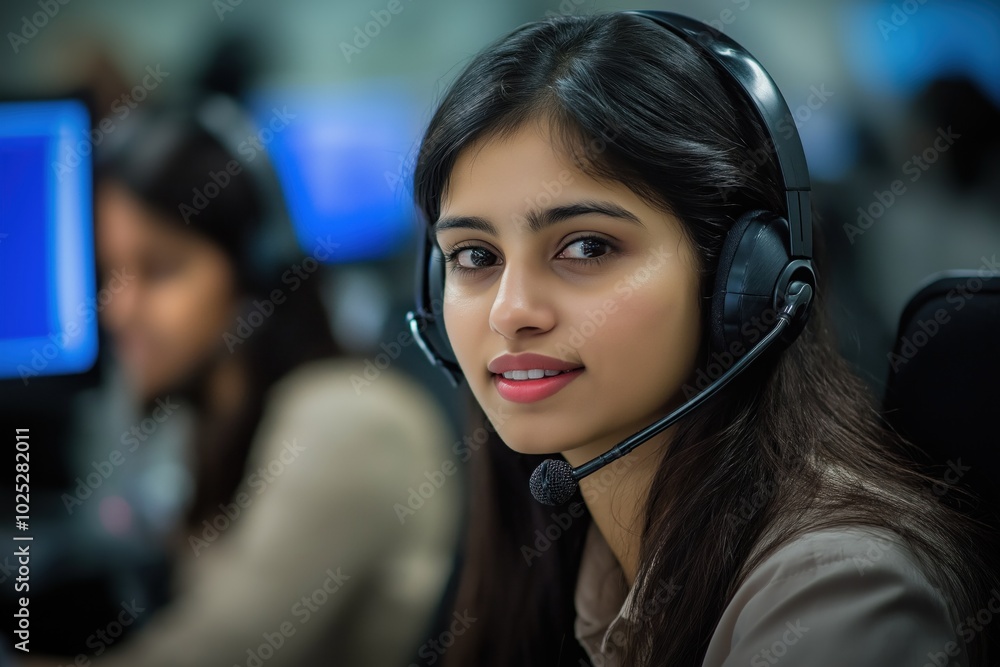 Poster woman wears headset, sits in cubicle with computer monitor. neutral expression, focused on camera in