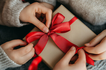 Hands tying a red ribbon on a gift box during a cozy indoor setting
