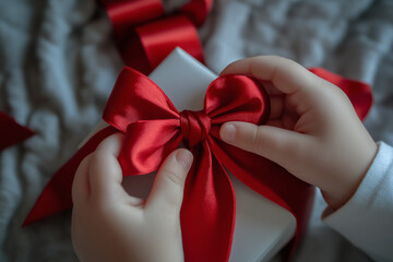 Child's hands tying a red ribbon on a white gift box before the holidays