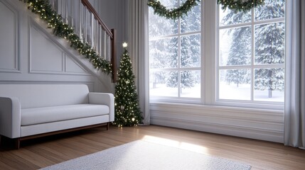 Fototapeta premium A beautifully decorated staircase with garlands and twinkling white lights invites warmth into the elegant living room, complemented by a chic white sofa at the bottom.