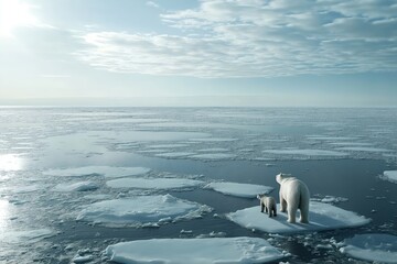 Fototapeta premium A Polar Bear Mother and Her Cub Navigating Across Melting Ice Floes, With the Distant Horizon Showing a Thinning Ice Cap