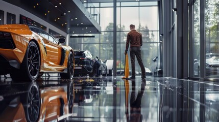 Fototapeta premium A man in uniform cleaning a car in a showroom, with bright lights highlighting the meticulous detailing work.