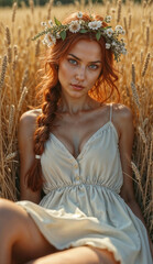 A beautiful red-haired woman walks through a field of wheat