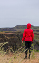 Person in Red Jacket Enjoying Scenic View in Washington, United States, Amidst Nature's Serenity...