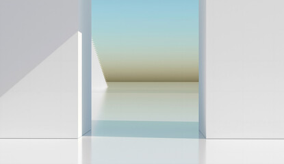 3d render of abstract art with surreal minimalistic style white interior with white plane concrete walls based on geometry rectangles blocks shapes with blue sky gradient on the back