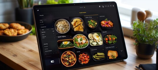 Modern Food Delivery App Interface on Tablet for Easy Meal Selection and Checkout