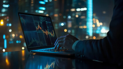 Business professional analyzing financial data on a laptop during evening hours in a modern office with city lights