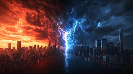 A cityscape is illuminated by a massive lightning bolt that appears to split the sky in two
