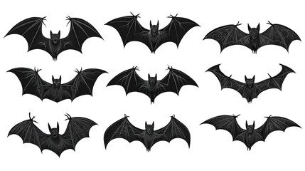 Set of flying bats with open wings isolated on transparent background