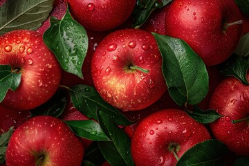 A bunch of red apples with green leaves on top, generative ai image