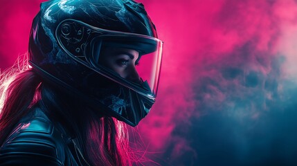 Woman wearing a medusa shaped motorcycle helmet, large blank space on the side, over a vivid background with faded mythical decals