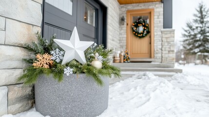 White stars sit atop gray stone flower pots filled with evergreen branches, creating a festive winter decoration for the front entrance, perfect for the holiday season.
