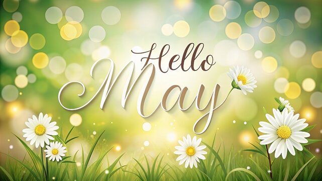 Hello May. Postcard. Cute birds on a branch and bees with flowers. Design for printing a calendar, postcard, banner