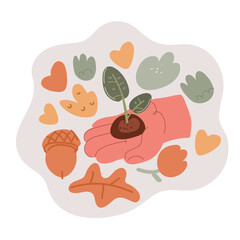 Cartoon vector illustration of a sprouted seedling in a hand