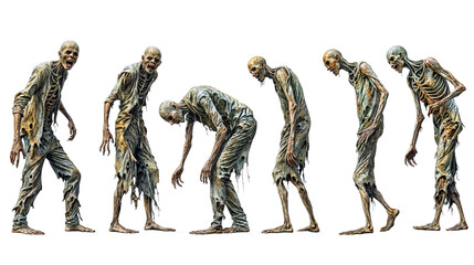 Set of terrifying zombies with skeleton faces in different walking poses isolated on transparent background