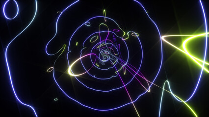 3d render of abstract art 3d background with surreal laser plasma lighting circles in curve round wavy round elegance spiral lines forms in neon purple blue yellow and green color spiral tunnel