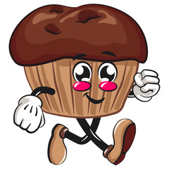 kawaii cartoon chocolate muffin with chocolate chip character mascot isolated vector illustration walking, work of hand drawn