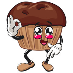 kawaii cartoon chocolate muffin with chocolate chip character mascot isolated vector illustration dancing while giving the okay sign, work of hand drawn