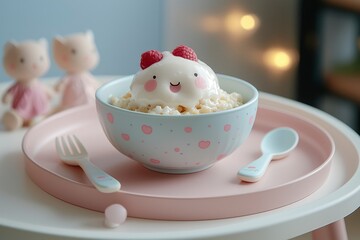 Fototapeta premium Bowl of Rice Pudding with Whipped Cream and Raspberries, Cute Face Decor