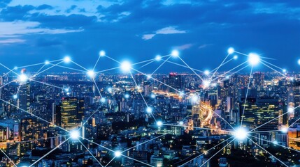 Fototapeta premium A Nighttime View of a City Connected by a Network of Light