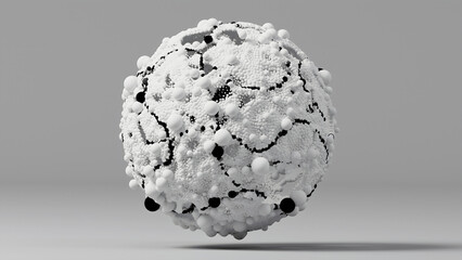 3d render of abstract art black and white monochrome with flying surreal ball or sphere based on small and big bubbles particles in different sizes as mosaic in a deformation rotation process  
