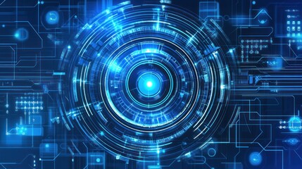 Fototapeta premium Abstract digital blue glowing circuitry with a central circle