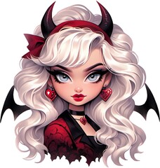 Fototapeta premium Stylized illustration of a devil-themed girl with white hair, red outfit, heart-shaped earrings, horns, and bat wings, showcasing a playful gothic style.