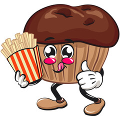 kawaii cartoon chocolate muffin with chocolate chip character mascot isolated vector illustration brought a box of french fries, work of hand drawn