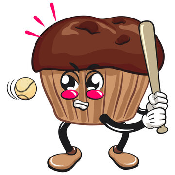 recommend clip art: kawaii cartoon chocolate muffin with chocolate chip character mascot isolated vector illustration ready to hit with a baseball ball, work of hand drawn