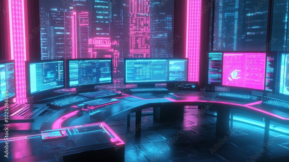 Poster Futuristic Hacker Workstation with Neon Lights and City View