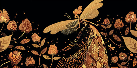 A whimsical fairy-themed illustration featuring golden floral elements and elegant fairies in natural dresses, set against a dark background, creating an enchanting and magical atmosphere.