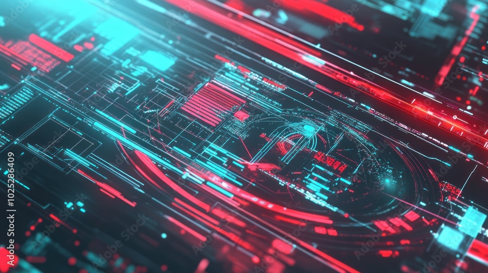 Poster futuristic digital interface with red and blue glowing lines
