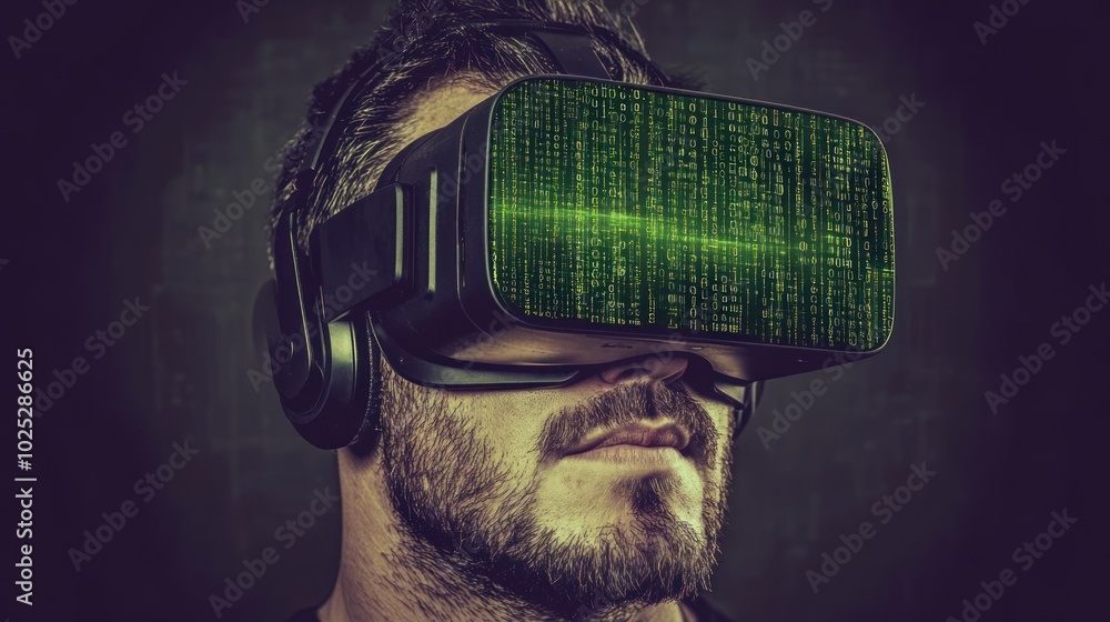 Poster man wearing virtual reality headset with green digital code