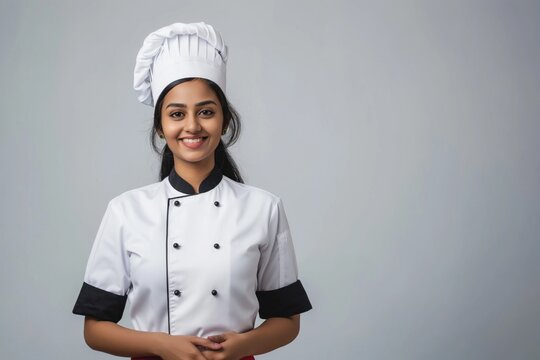 Young Indian woman in white chef coat and hat stands confidently on plain gray background. She smiles warmly, hands on hips, radiating joy and authority. Simple background focuses attention on her.