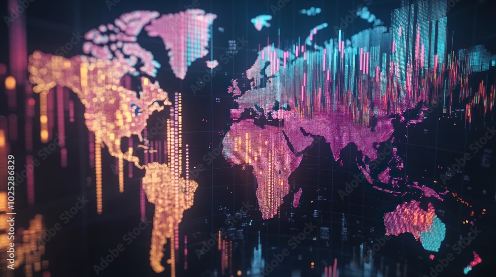 Poster World Map Composed of Colorful Luminous Dots and Bars