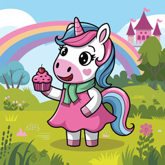 Fototapeta premium Cartoon Unicorn with cupcake on the meadow ,vector illustration 