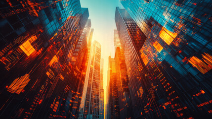 Fototapeta premium Skyscraper reflections at sunset cast golden light between towering glass buildings in an urban environment