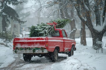 A red truck is covered in snow and has a Christmas tree on the back, generative ai image