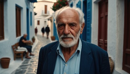 Elderly Greek man walking through traditional Mediterranean street