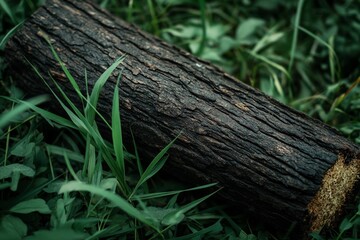 Fototapeta premium The log lies on the ground, surrounded by vibrant green grass and small plants, illustrating a serene woodland environment